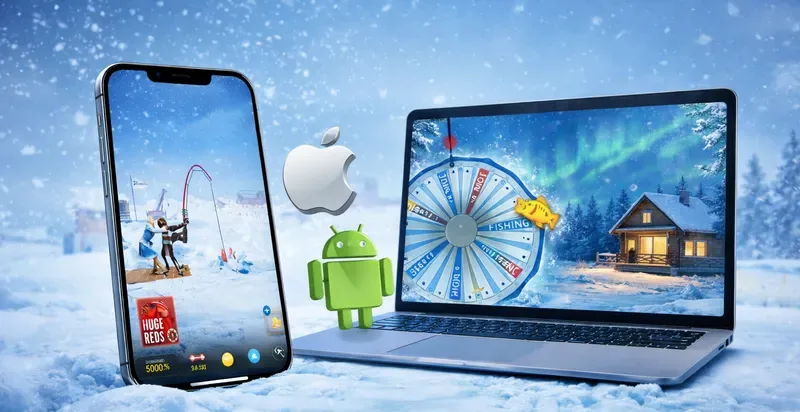 Gra Ice Fishing na smartfonie i laptopie w zimowej scenerii