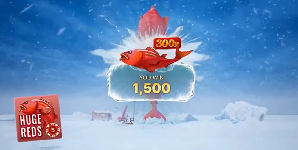 Runda bonusowa Huge Reds w Ice Fishing Live z wygraną z mnożnikiem 300x