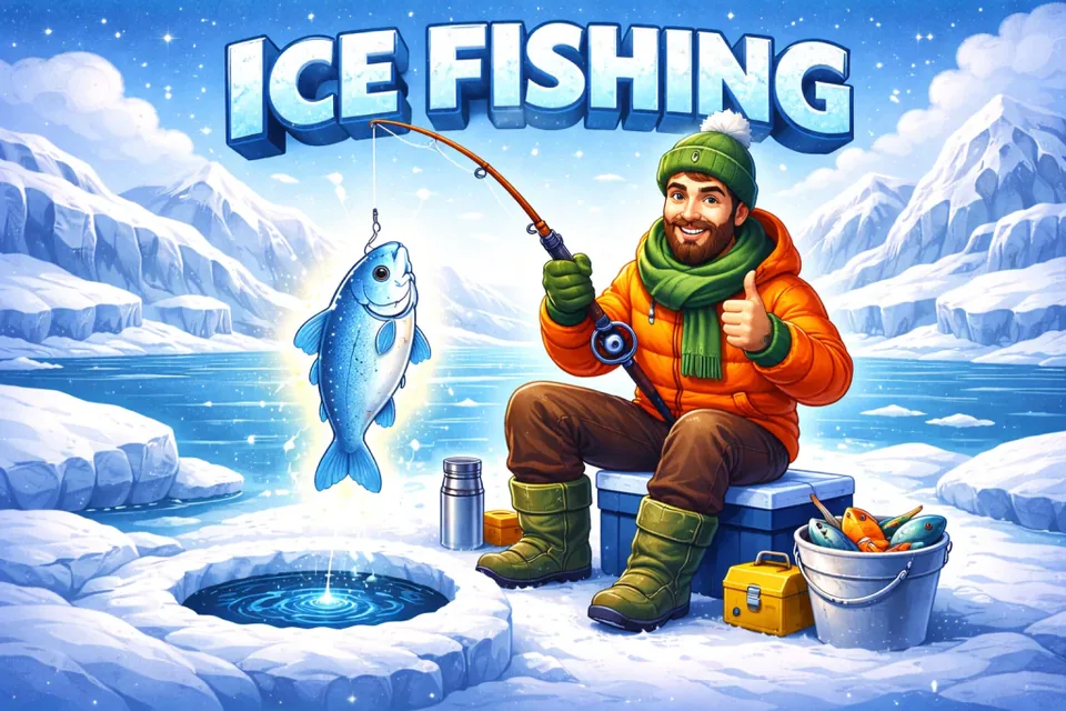 Rysunkowy wędkarz łowiący świecącą rybę — Ice Fishing w wersji demo