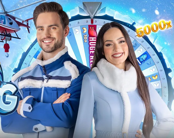 Prowadzący Ice Fishing Live przy kole z 53 polami